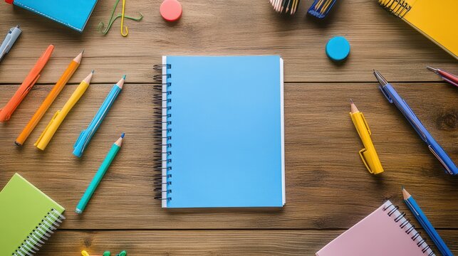 Flat lay arrangement of various seminar materials such as notebooks pens pencils and handouts neatly displayed on a wooden desk or table