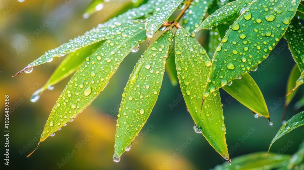 Wall mural Close-up of green leaves with water droplets, showcasing nature's beauty and freshness.