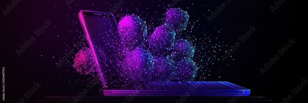 Wall mural A digital representation of a laptop emitting colorful particles, symbolizing technology and creativity.