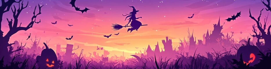 A spooky Halloween scene with a witch flying over a haunted landscape at sunset.