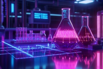 Science and chemistry lab featuring neon-colored digital interface, modern technology, innovative tools for laboratory research