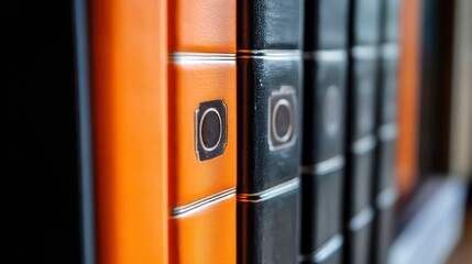 Close up of two binders on a shelf, one orange and one black, both with a silver circle symbol.