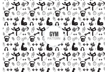 Seamless workout sport pattern. Fitness and gym icons pattern background. Vector graphics
