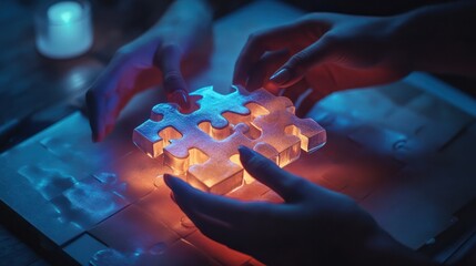 Hands holding a glowing 3D puzzle piece, fitting it into a larger creative business puzzle, solution finding, creative problemsolving in business