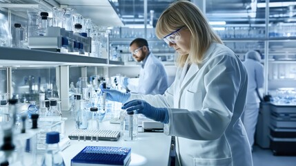 Fototapeta premium Scientists working in a laboratory with various glassware and scientific equipment, conducting experiments and wearing protective lab coats and goggles.