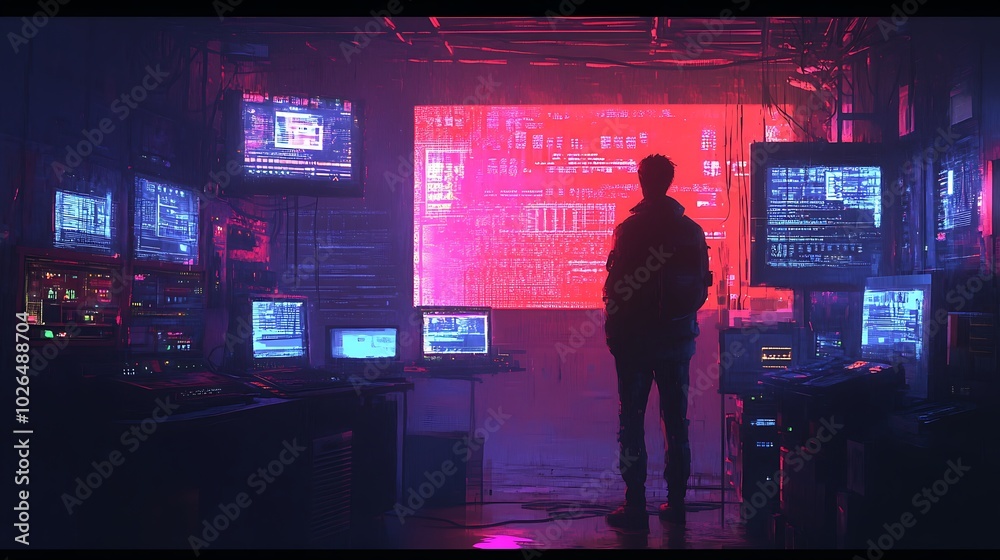 Poster A lone hacker stands in a dimly lit room surrounded by monitors displaying code and data, illuminated by the glow of a large screen.