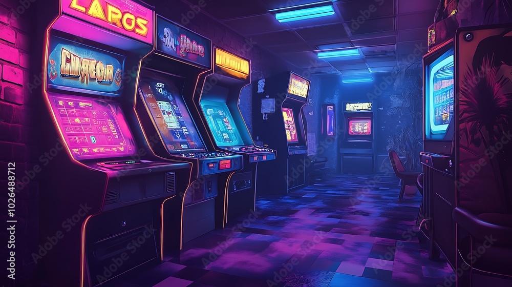 Poster a dimly lit arcade with rows of retro video game cabinets, showcasing vibrant neon lights.