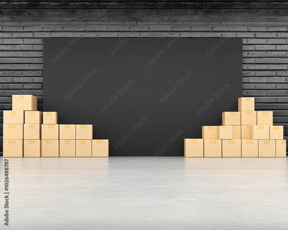 Poster stacked boxes in a warehouse setting