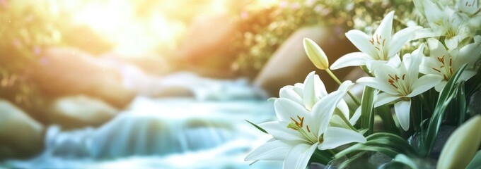 A serene landscape featuring white lilies by a gentle stream, illuminated by soft sunlight.