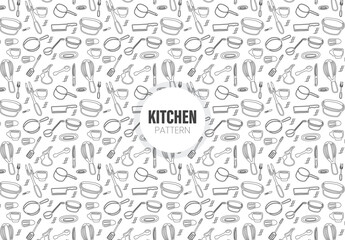 Seamless pattern on the theme of cooking and kitchen utensils, simple contour icons, black contour on white background
