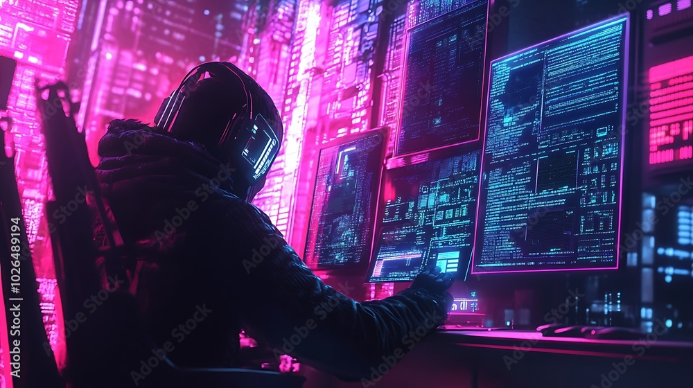 Poster A hooded figure sits in front of multiple computer monitors displaying code, surrounded by a vibrant cityscape.