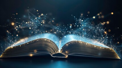 An open book with glowing lines and particles emanating from its pages, symbolizing knowledge, imagination, and the power of stories.
