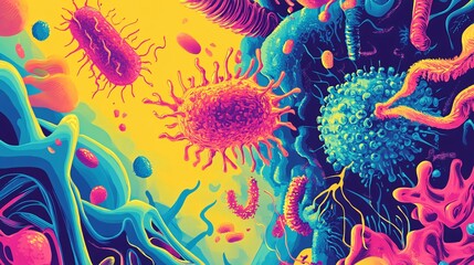 Fototapeta premium A vibrant, colorful illustration of a germ attacking a healthy cell