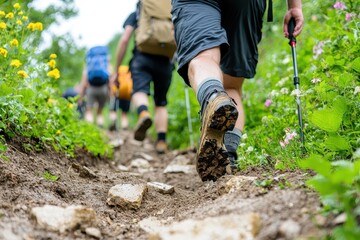 Hikers trekking on a nature trail.