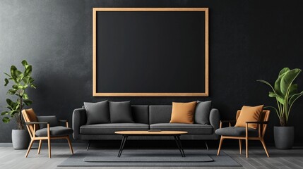 Modern living room with dark gray sofa, armchairs, a coffee table, and large empty frame on dark wall. Decorated with orange cushions and potted green plants on wooden floor.