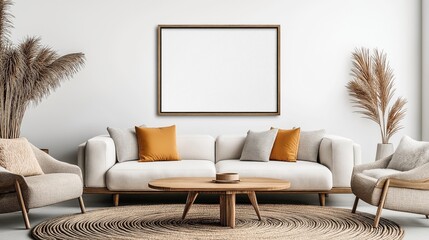 Modern living room with a white sofa, beige armchairs, and orange pillows. Wooden coffee table and a large empty picture frame on the wall. Neutral tones and dried plants for decor.