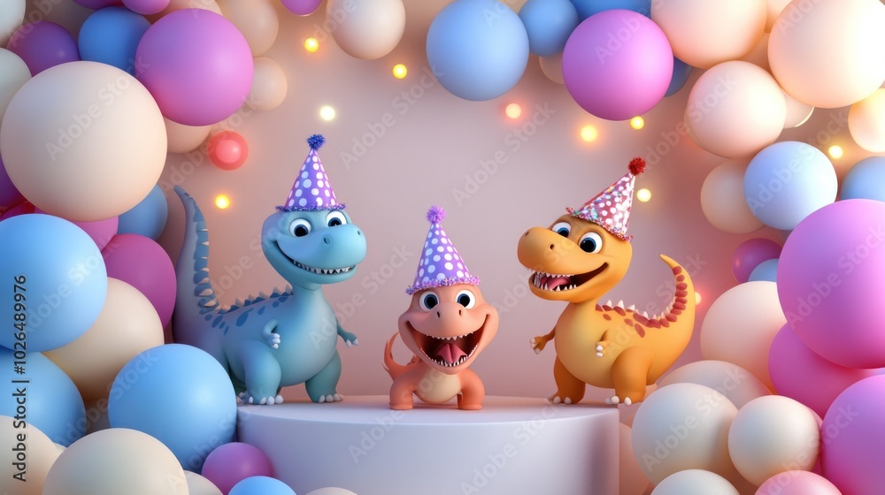 Poster Three cheerful cartoon dinosaurs celebrate with party hats in a colorful balloon backdrop.