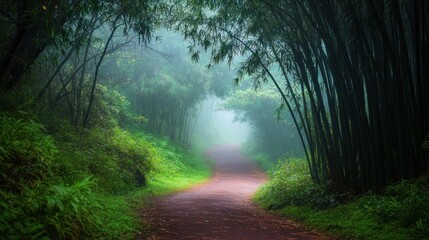 Fototapeta premium A serene misty path winding through a lush bamboo forest.