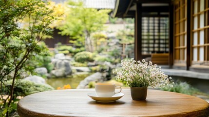 Fototapeta premium A serene tea setting in a tranquil garden, showcasing nature's beauty and relaxation.