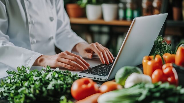 Nutritionist creating a customized healthy meal plan with fresh ingredients using a laptop