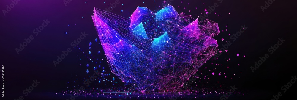 Poster A vibrant, abstract 3D representation of interconnected nodes and waves in purple and blue hues.