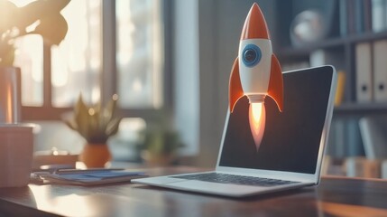Rocket launch from laptop on office table to fly up in air. Business startup new idea project development, internet marketing strategy growth, future product progress on a website, speed power boost