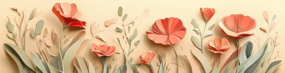Obraz premium A vibrant paper-cut design featuring colorful flowers and leaves against a soft background.