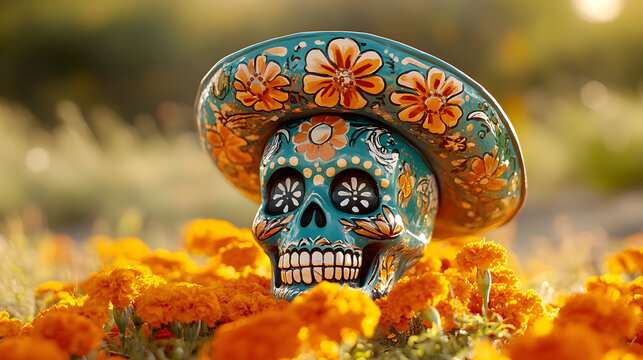 Mexican skeleton with sugar skull makeup and sombrero hat in marigold flowers field. Traditional calaca heads for Day of dead celebration. Dia de los muertos traditional carnival style. S