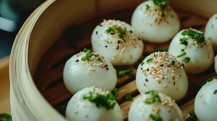 Steamed dumplings with sesame and herbs in bamboo basket