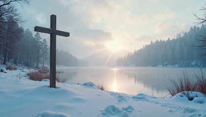 Wooden cross beside snow-covered river at sunrise in winter landscape