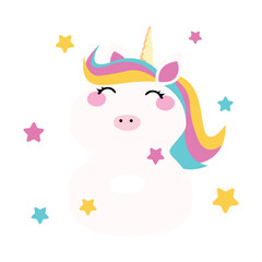 birthday illustration for a greeting card with cute unicorn eight number flat cartoon style