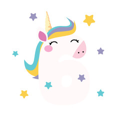 birthday illustration for a greeting card with cute unicorn six number flat cartoon style