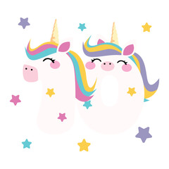 birthday illustration for a greeting card with cute unicorn ten number flat cartoon style