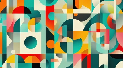 A vibrant abstract composition featuring geometric shapes and colors.