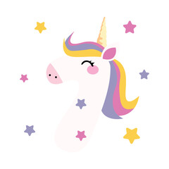birthday illustration for a greeting card with cute unicorn seven number flat cartoon style