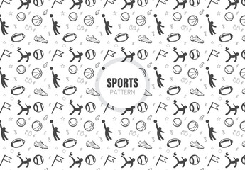 Seamless pattern with sport equipment. Black and white thin line icons

