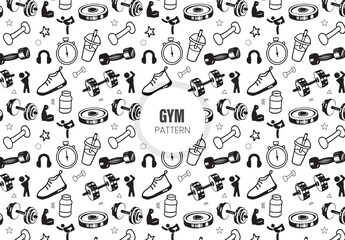 Seamless workout sport pattern. Fitness and gym icons pattern background. Vector graphics