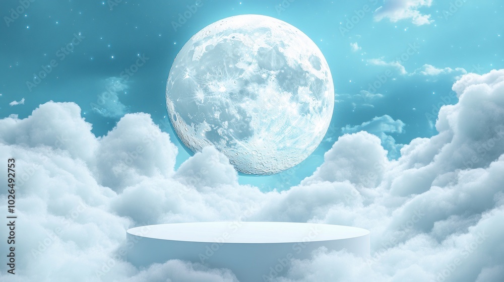 Wall mural a serene moonlit scene with a large moon above fluffy clouds and a circular platform.