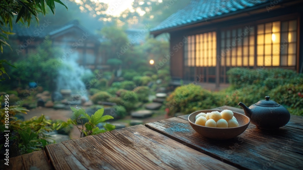 Wall mural A serene garden scene with a bowl of dumplings and a teapot, evoking tranquility and culture.