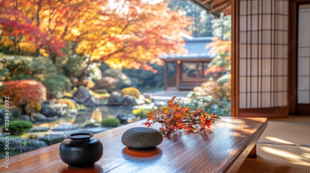 Wall mural A serene Japanese interior with a view of vibrant autumn foliage and a tranquil garden.