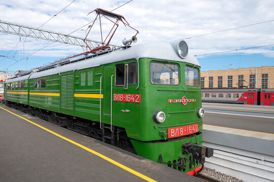 SAINT PETERSBURG, RUSSIA - AUGUST 27, 2023: Soviet DC electric locomotive VL8 (N8). Exhibition of retro locomotives at the railway forum &ldquo;PRO//Dvizhenie.Expo&rdquo;