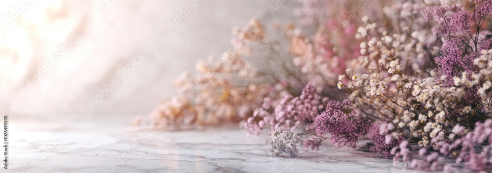 Canvas Prints A serene arrangement of dried flowers on a marble surface, evoking tranquility and beauty.