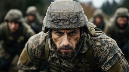 Close-up of determined soldier in camouflage during training with team in background, focusing on endurance and teamwork in a rugged outdoor environment.