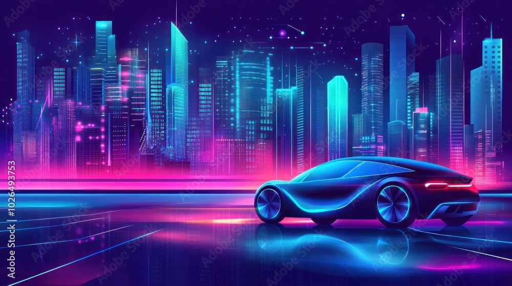 Wall mural Futuristic car against a neon cityscape, showcasing technology and modern design.