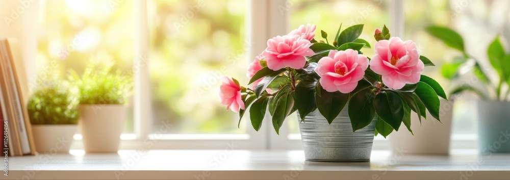 Canvas Prints A vibrant potted plant with pink flowers on a table near a sunlit window.