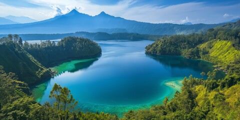 Naklejka premium A large body of water with mountains in the background. The water is blue and calm. The mountains are in the distance and the trees are lush and green. The scene is peaceful and serene