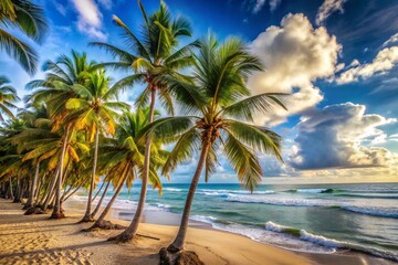 A beautiful beach scene with palm trees and a clear blue sky