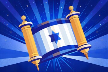 Yom Kippur background featuring glowing Torah scroll on dark blue and silver theme with soft light rays