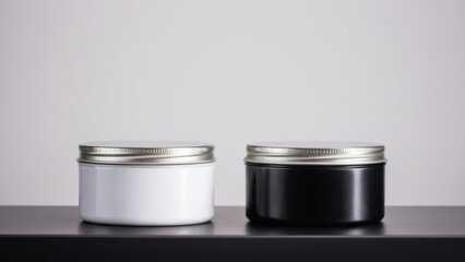 This image showcases compact, circular tins for hair wax with a minimalistic design, displayed without text or logos on a barbershop counter. Ideal for promoting modern grooming products.