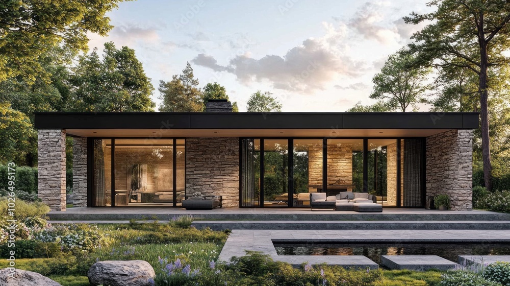 Poster a large house with a stone exterior and a large stone pool in front of it